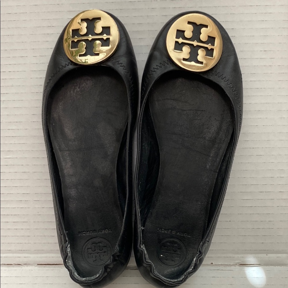Tory Burch Black Ballet Flats with Gold Logo